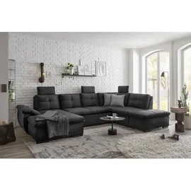 ed exciting design Wohnlandschaft ALIJA U-Form in Schwarz - Ausziehbares Sofa mit Schlaffunktion, Bettkasten & Verstellbarer Armlehne - 334 x 84 (107) x 217 cm (B/H/T)