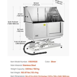 Vevor Elektrische Hundewaschstation mit Hebefunktion 127 cm Silber/Weiß