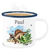 Emaille Becher Blechbecher - Dinosaurier Dino - Dinos - 300 ml - Weiß Blau - tiere tasse tieren name tassen kinder tier personalisierte häferl dinosaur t rex saurier mit. und personalisierter