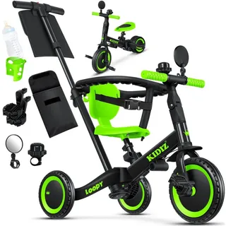 Kidiz KIDIZ® 6in1 Dreirad | Laufräder Lauffahrrad Kinderdreirad ab 1 Jahr bis 5 Jahre | Lauflernhilfe belastbar bis 25Kg | inkl. Lenkstange Sicherheitsbügel Sicherheitsgurt Klingel & Spiegel Schwarz