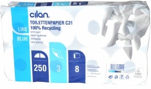 Cilan Toilettenpapier, Tissue, 3-lagig, hochweiß, mit EU Ecolabel, Recycling-Tissues, Blütenprägung, 1 Packung = 8 Rollen zu je 250 Blatt