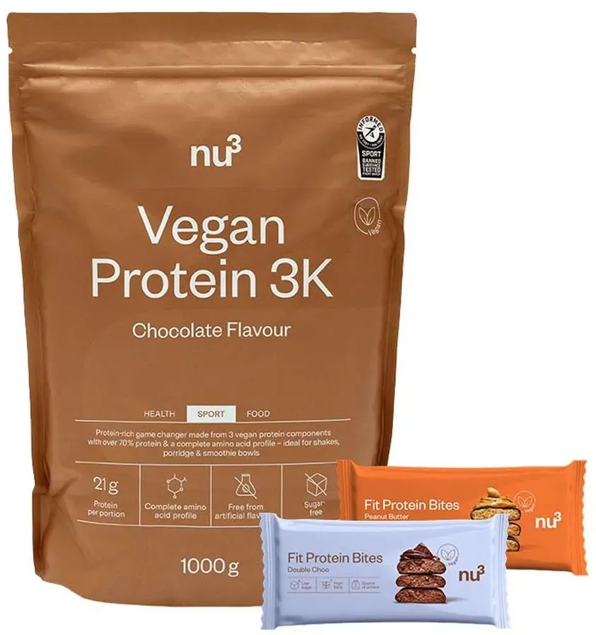 nu3 Vegan Protein 3K Shake, Schokolade + Fit Protein Bites Peanut Butter + Fit Protein Bites Double-Choc