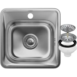 GRANITAN Edelstahlspüle Spülbecken mit Siphon 48 x 48 cm Einbauspüle aus Stahl Edelstahlspüle, Durchmesser 92mm, Waschbecken für Küche, Einbauspüle aus Stahl