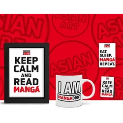 Geschenkset Asian Art - Keep Calm and Read Manga (gerahmtes Poster, Tasse, Magnet, magnetisches Lesezeichen)