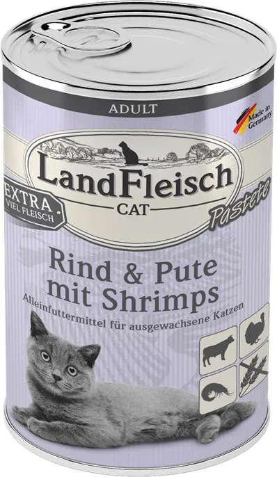 LandFleisch Katze Adult Pastete mit Rind, Pute & Shrimps 6 x 400g