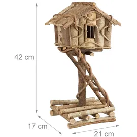 Relaxdays Vogelhaus stehend, unbehandeltes Deko Vogelhäuschen auf Ständer, handgemachtes Holzhaus mit Leiter, natur,