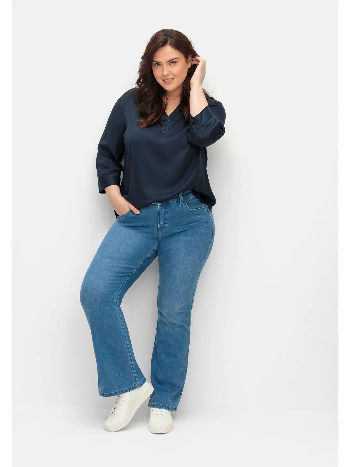 Stretch-Jeans SHEEGO "Große Größen" Gr. 46, Normalgrößen, blau (blue denim) Damen Jeans Stretch