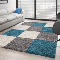 Carpettex Hochflor Teppich Wohnzimmer Shaggy Flokati Teppich Modern Kariert Design 80 x 150 cm Flur Teppich Läufer Türkis - Teppich Bettvorleger Schlafzimmer Weich Flauschig Waschbar Küchenläufer