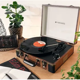 Navaris Retro Koffer Plattenspieler mit Lautsprecher - USB Port zum Digitalisieren - 35,5x11,5x27,5cm - Vintage Schallplatten Spieler Braun-Schwarz - Braun