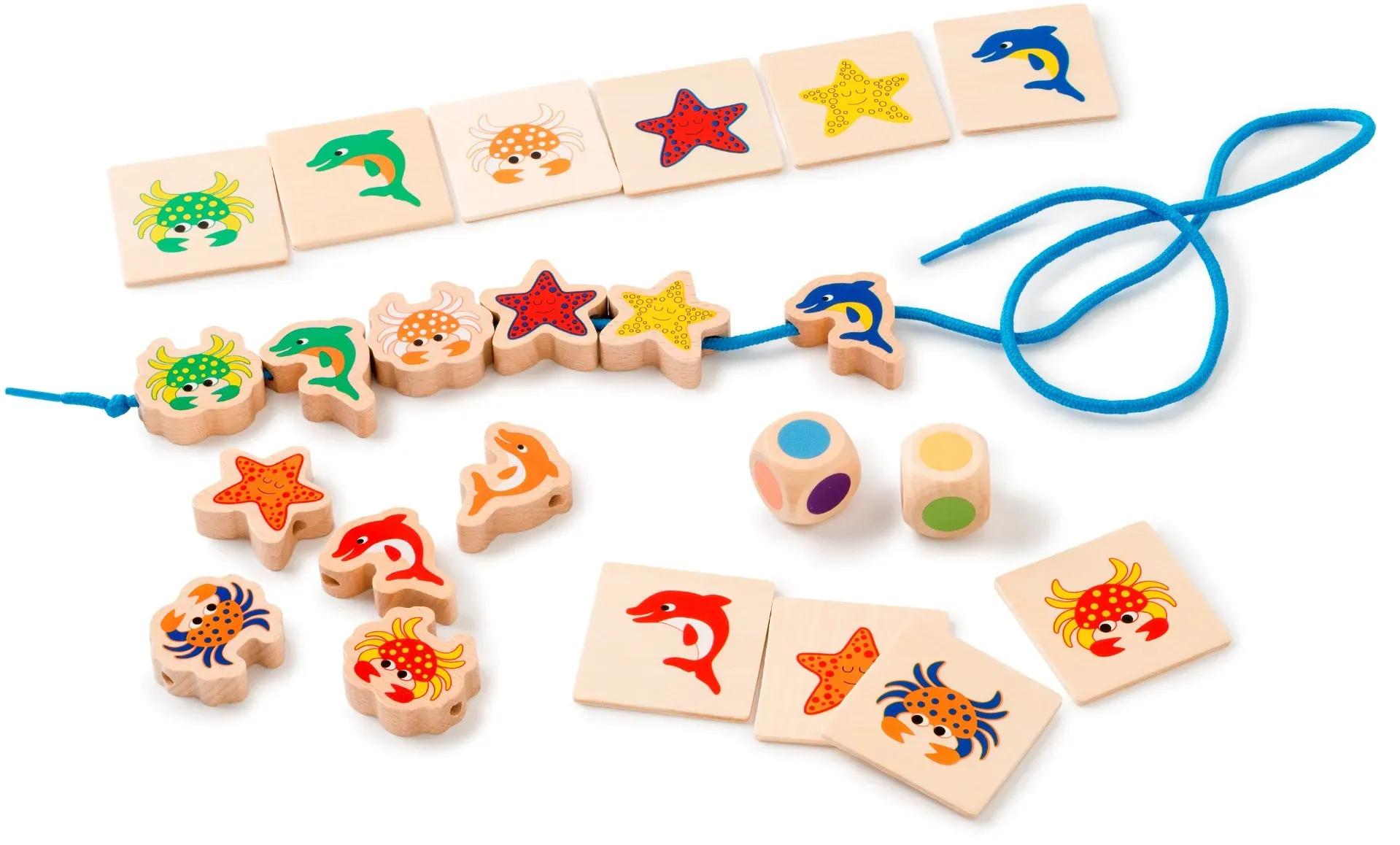 Auffädelspiel Meerestiere aus Holz bunt 24-teilig inkl. Karten & Farbwürfel – Toys for Life – Fördert Feinmotorik, Montessori