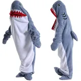 Hai Decke,Hai Decke Hoodie, Kuscheldecke Mit Ärmeln Flauschig Wohndecke,Hai Decken Kapuzenpullover,Hai Overall Onesie (Gray blue,L)