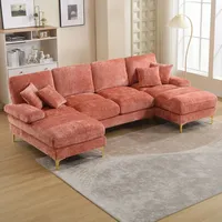okwish Ecksofa 272*136*88cm Schlafsofa Chenille U-Shape Sektionssofa mit doppelten Liegesitzen mit dicktes Polstern & Kissen, Metallbeine,Rosa - Rosa