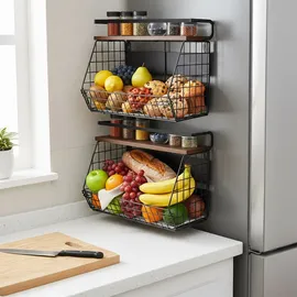 Relaxdays Obstkorb Wandregal magnetisch 2er Set 30 x 35,5 x 21 cm schwarz