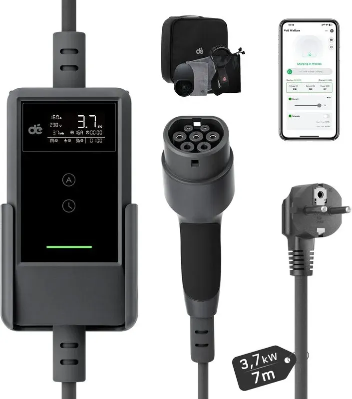 dé Typ 2 Ladekabel Schuko mit APP 3,7kW 7m Kabel 6-16A 1-phasig Digitales LCD EV Ladegerät für ID.3/4/5/7, Model Y/3, ENYAQ und Anderen PHEV/EV