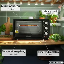 Steinborg Mini Backofen 13 Liter | Pizzaofen | 60°-250°C | Timer | Krümelblech | Minibackofen | Backofen | Kleiner Backofen | 900 Watt