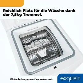 GGV Exquisit Exquisit Waschmaschine 7,5kg, Toplader, Waschmaschine schmal, Energieklasse A, 1200 U/Min, Startzeitvorwahl, Kurzprogramm, LTO51207-030A weiss