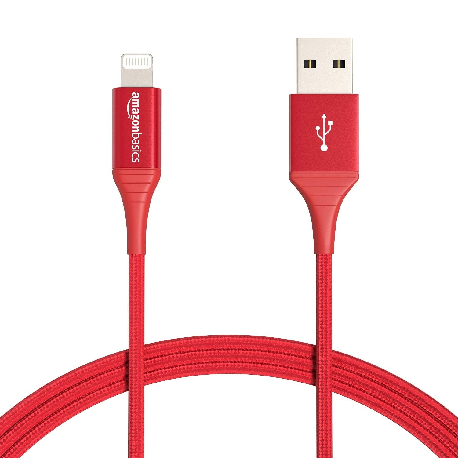 Amazon Basics Verbindungskabel USB-A auf Lightning, Nylon-umflochten, MFi-zertifiziertes Ladekabel für iPhone, rot, 0.9 m