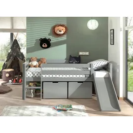 Vipack Hochbett Pino mit Rutsche 90 x 200 cm inkl. Rollboxen Kiefer massiv grau lackiert