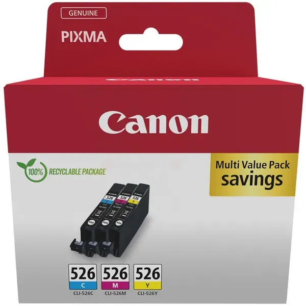 Canon Tintenpatrone CLI-526 C/M/Y Multipack — 9 ml für PIXMA Drucker (cyan magenta gelb) ORIGINAL, 4541B009AA, Farbig