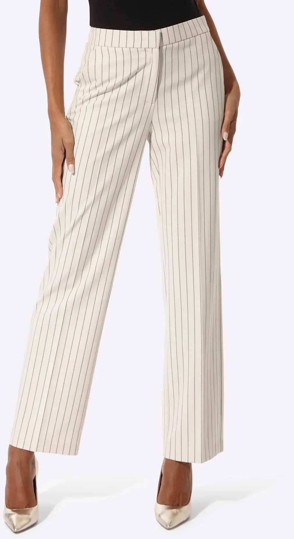Bügelfaltenhose CREATION L, Damen, Gr. 52, Normalgrößen, champagner, dunkeltaupe, gestreift, 64% Polyester, 33% Viskose, 3% Elasthan, gemustert, gestreift, mehrfarbig, Hosen
