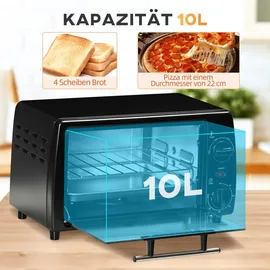Homcom Mini Backofen 10 L 750W 100-230°C 60 Min. Timer mit Temperatur bis zu 230 °C Minuten Backblech, und Herausnehmbarer Bodenschale, Pizza-Ofen, Schwarz