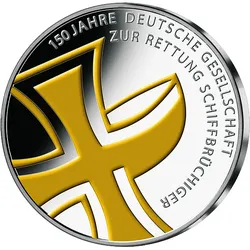 Deutsche 10 Euro Gedenkmünze "150 Jahre Deutsche Gesellschaft zur Rettung Schiffbrüchiger" mit Feingold-Veredelung