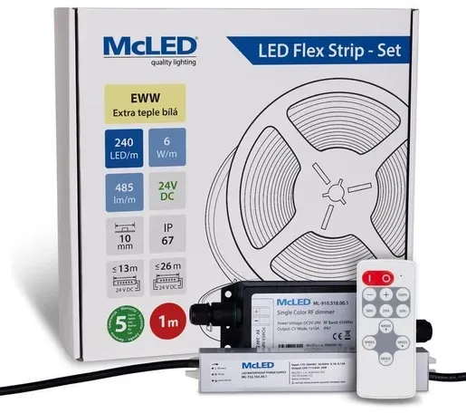 McLED LED-Band - Satz 1 m + Empfänger Nano IP67, 240 LED/m, EWW, 6 W/m, DC 24V, 485 lm/m, CRI90, IP67, 10 mm, Konduktor 3 m ML-126.035.90.S01002