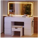 HOMALL Schminktisch mit großem Spiegel, 120 cm, 7 Schubladen, Schmuckschrank (XXL-Spiegel 106×51 cm (30×51 aufklappbar m. Schmuckschrank) · 120 cm · 7 Schubladen · LED-Birne · 2 Steckdosen+USB/Type-C · E1-MDF · 2 Farben · Hocker opt) 115 cm
