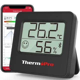 ThermoPro TP357B Bluetooth Hygrometer Innen Thermometer für Innenräume mit APP Mini Luftfeuchtigkeitsmesser mit Smiley-Indikator Datengrafik für Büro, Weinkeller, Gewächshaus Schwarz