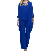 JIAALU Hosenanzug Damen 3-Teiliges Chiffon Shirt Tüll Abendanzug Sets Elegant Vintage 3-Teiliges Set Outfit Hohe Taille Hosenanzug Cocktail Party Festlich Hosenanzug - XL