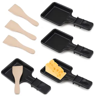 Pfännchen Mini 4 Stücke Antihaftbeschichtet Grill Pfännchen Viereckig Mini Raclette Grill mit 4 Holzschaufel für Universal Elektrogrill Käse Eier(Quadrat)