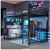 STILVORA Hochbett 140×200 mit Matratze und Schreibtisch Jugenbett Metallbett, Weiß (Gaming-Hochbett mit LED, Schreibtisch und USB-Ladestation Set-Info:, Eisengestell, Ablagefächer und Tastaturablage) für Jugendzimmer, Schlafzimmer und Gaming-Zimmer geeignet