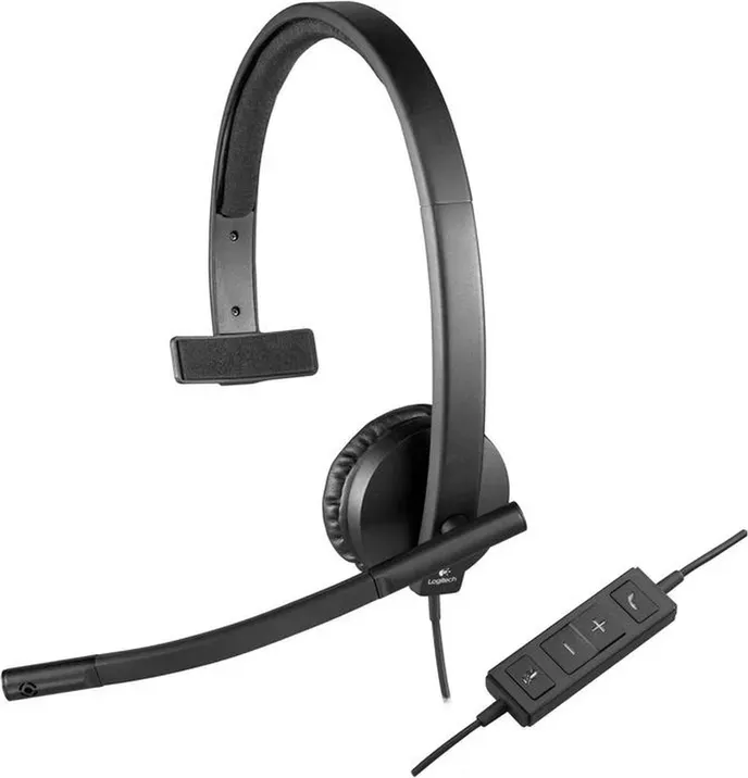 Logitech H570e Kopfhörer mit Mikro, Mono-Headset, Geräuschunterdrückung, Lautstärkeregelung und Mute mit LED-Hinweis am Kabel, Ohrpolster, USB-Anschluss, PC/Mac/Laptop - Schwarz