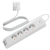DKTYGER Steckdosenleiste 4 USB Mehrfachsteckdose Wandmontage mit Schalter, 4 Fach Steckerleiste Überspannungsschutz 2 USB C Steckdose 2500W 10A Verteilersteckdose Multisteckdose mit 1,8M Kabel, Weiß
