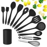 Küchenhelfer Set, Herogo 12 teiliges Silikon Kochgeschirr Küchenutensilien Set mit Utensilienhalter, Antihaft & Hitzebeständiger Küchenset, Schneebesen Pfannenwender Löffel, Spülmaschinenfest, Schwarz