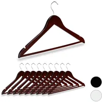 Relaxdays Kleiderbügel Holz, 10er Set, Kerben, Hosensteg, Garderobenbügel, 360° drehbarer Haken, 44,5 cm breit, braun