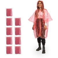 Relaxdays Regenponcho Einweg, 10er Set, Einmal Regencape mit Kapuze, für Erwachsene, Notfallponcho Damen & Herren, rot (Packung mit 2)