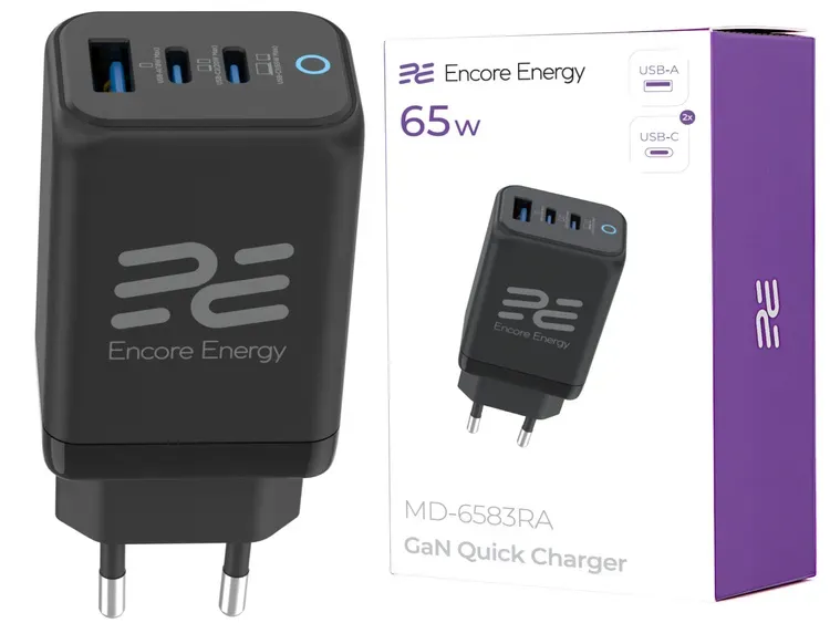 Neues GaN 65W USB-A + 2x USB-C QC PPS PD Netzladegerät Encore Energy MD-6583RA