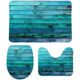 My Daily 3-teiliges Badezimmerteppich-Set Ozean Aqua Blau Blaugrün Altes Holz Hintergrund Türkis rutschfeste Konturmatte + WC-Deckelbezug + Badematte