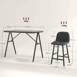 Homcom Bartisch mit Barhocker Set 5-teilige Stahl, Dunkelgrau, 120 x 60 x 91 cm, Esszimmer, Barmöbel, Barschränke - Theken