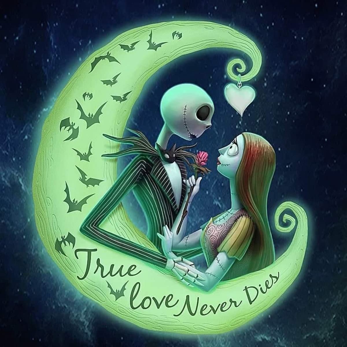 ViVijooy 5D DIY Full Drill Diamond Painting by Number Kits for Adluts, The Nightmare Before Christmas Halloween Jack and Sally with Mond, Diamond Art Kits Craft Home Decor, 35 x 35 cm
