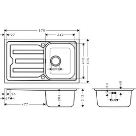 Hansgrohe S44 1 Becken rechts Einbauspüle Edelstahl Handbetätigung 870 x 510 mm