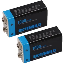 EXTENSILO 2x 9V-Akku Block für diverse Geräte (1000mAh, 9V, Li-Ion), ready-to-use, mit Micro USB Buchse