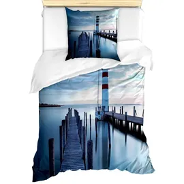 ABAKUHAUS Bettwäsche Milbensicher Allergiker geeignet mit Kissenbezug, Microfaser, maritim Leuchtturm Meer bei Sonnenaufgang blau|braun|grau