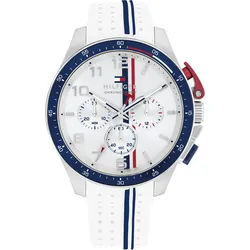Chronograph TOMMY HILFIGER "BANK", weiß, Armbanduhren, Herren, Quarzuhr, Armbanduhr, Herrenuhr, Silikonarmband, analog, Stoppfunktion