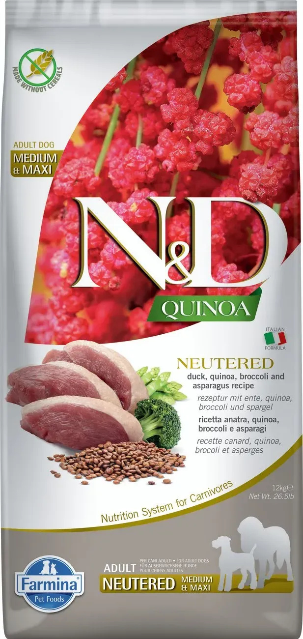 Farmina Hundefutter mit Quinoa-Rezeptur für ausgewachsene Hunde (mittelgroße/große Hunde) (geeignet für kastrierte/sterilisierte Hunde, Ente, Brokkoli und Spargel) 12 kg
