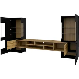 99rooms Byco Wohnwand Schwarz Wotan Eiche ohne LED-Beleuchtung