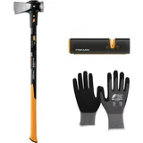 Fiskars IsoCore Spalthammer XXL | Spaltaxt und Spalthammer + Xsharp Axt-Messerschärfer + Handschuhe