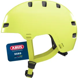 ABUS Fahrradhelm XOXO - Cityhelm im Skater-Look - Helm für Skateboard, Fahrrad, Scooter - mit optimiertem Kinnpolster - für Jugendliche und Erwachsene - Größe M, Mono gelb