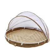 Handgefertigter runder Bambus-Aufbewahrungskorb, Anti-Mücken, staubdicht, Picknickkorb mit Gaze für , Gemüse, Brot mit Schutznetz-Abdeckung